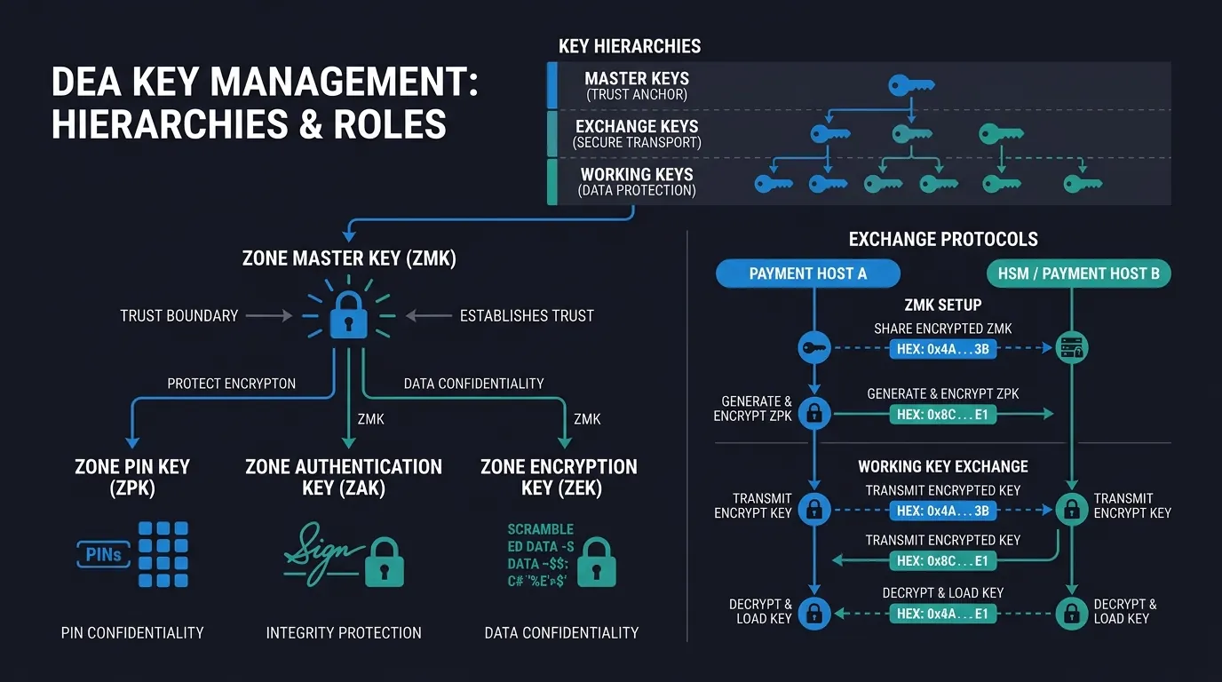 Cover illustration: DEA Key Management: Hierarchies, ZMK, ZPK, ZAK, ZEK, and Exchange Protocols