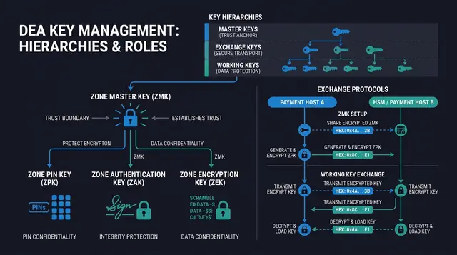 DEA Key Management: Hierarchies, ZMK, ZPK, ZAK, ZEK, and Exchange Protocols