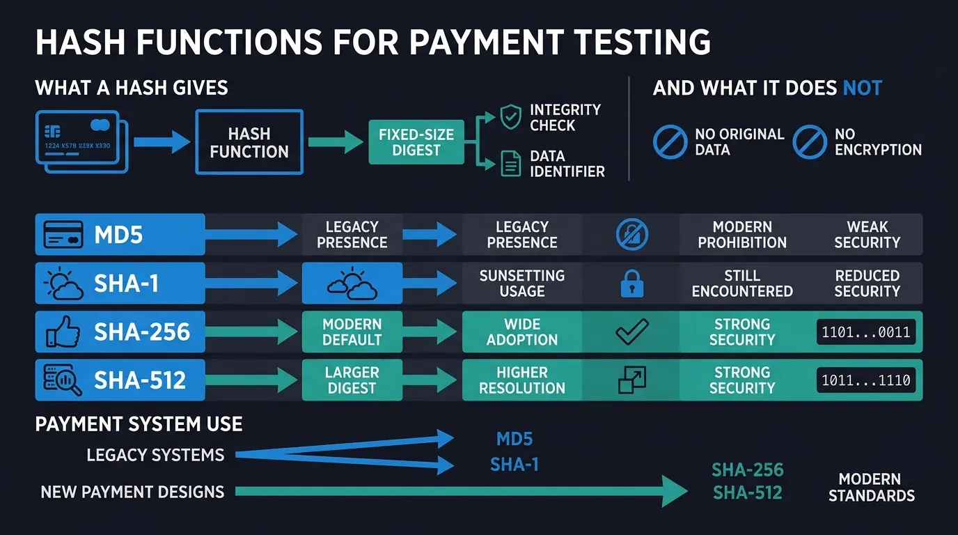 Cover illustration: Hash Functions for Payment Testing: MD5, SHA-1, SHA-256, and SHA-512