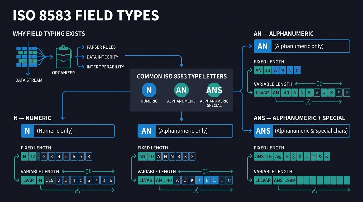Cover illustration: ISO 8583 Field Types and Formats: AN, N, B, Fixed vs LLVAR, and Parsing Discipline