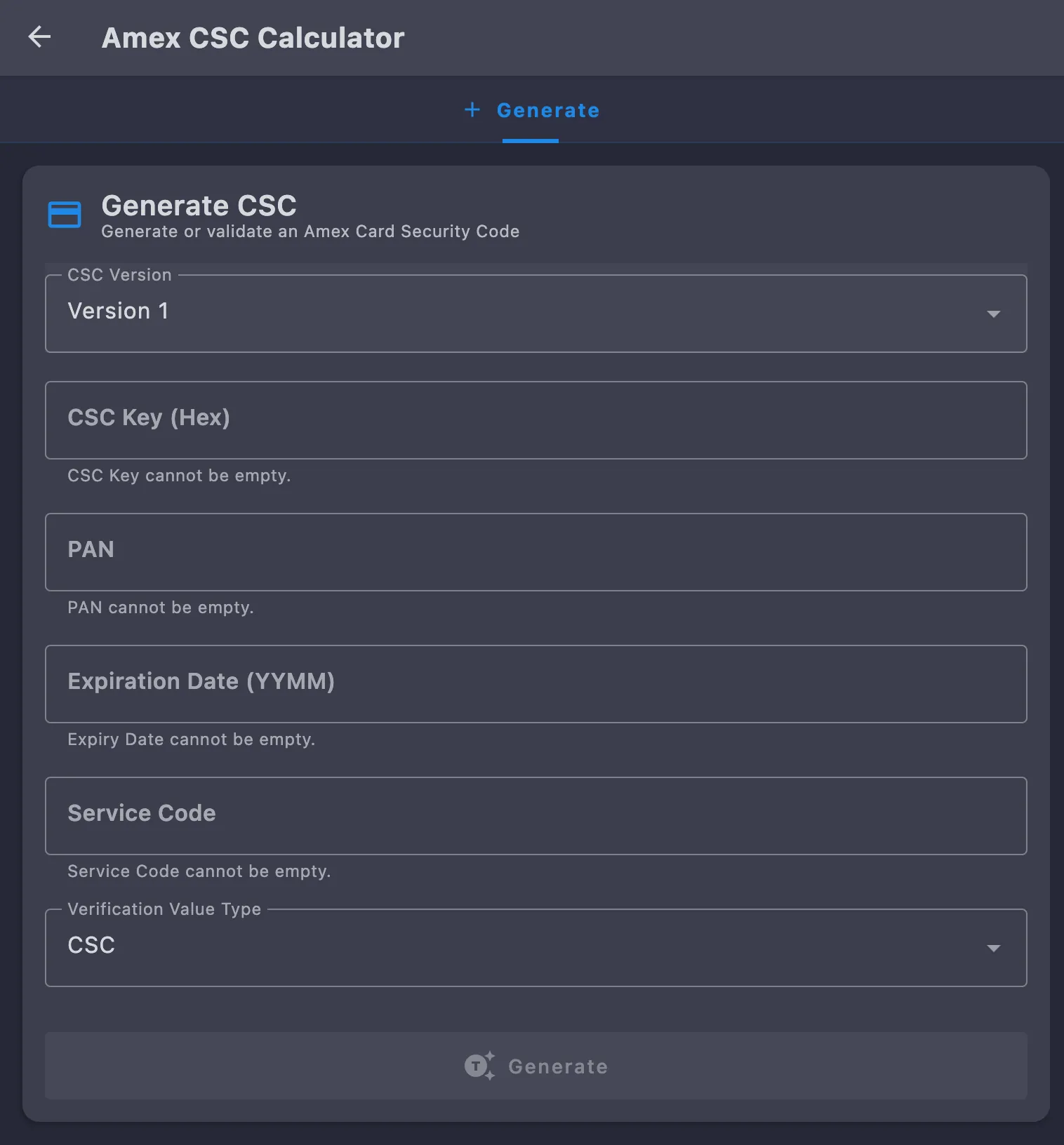 Amex CSC Calculator on the Generate tab with a CSC Version drop-down set to Version 1, a hex CSC Key field, PAN, expiration date, service code and a CSC verification value type above the Generate button
