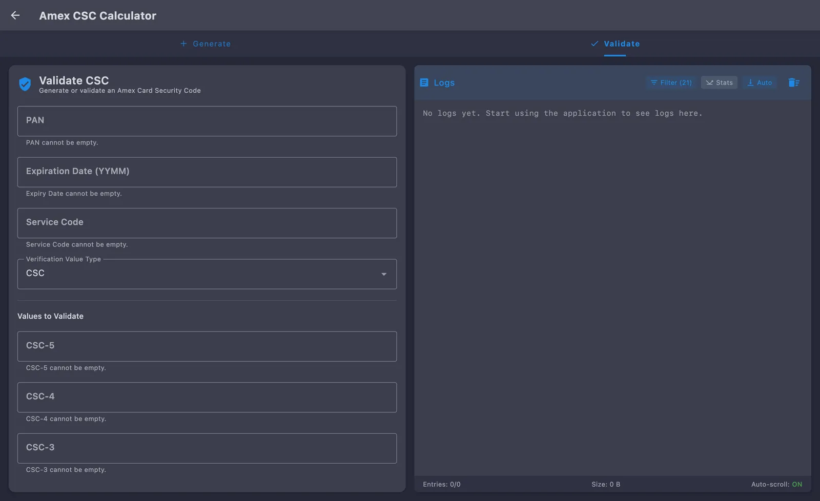Amex CSC Calculator on the Validate tab with PAN, expiration date, service code and verification value type, then CSC-5, CSC-4 and CSC-3 fields under a Values to Validate heading, beside the activity log