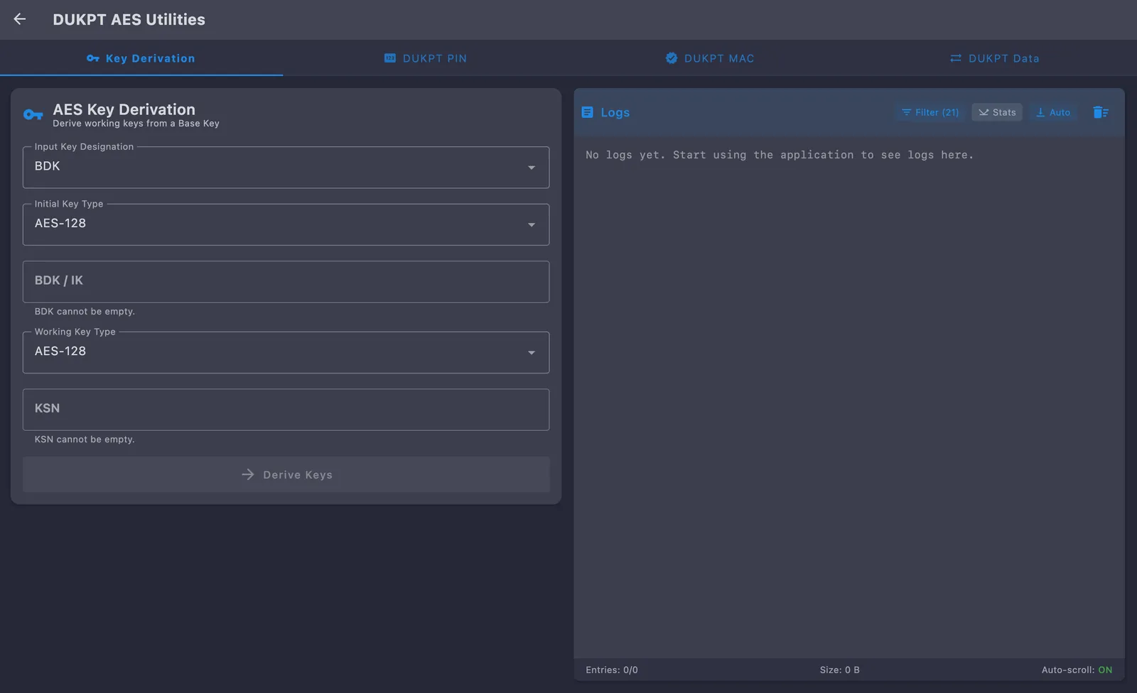 DUKPT AES Utilities on the Key Derivation tab with BDK as the input key designation, AES-128 initial and working key types, and BDK / IK and KSN fields, beside the activity log