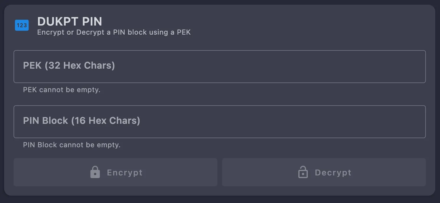 DUKPT PIN form with a 32-hex PEK field and a 16-hex PIN Block field above Encrypt and Decrypt buttons