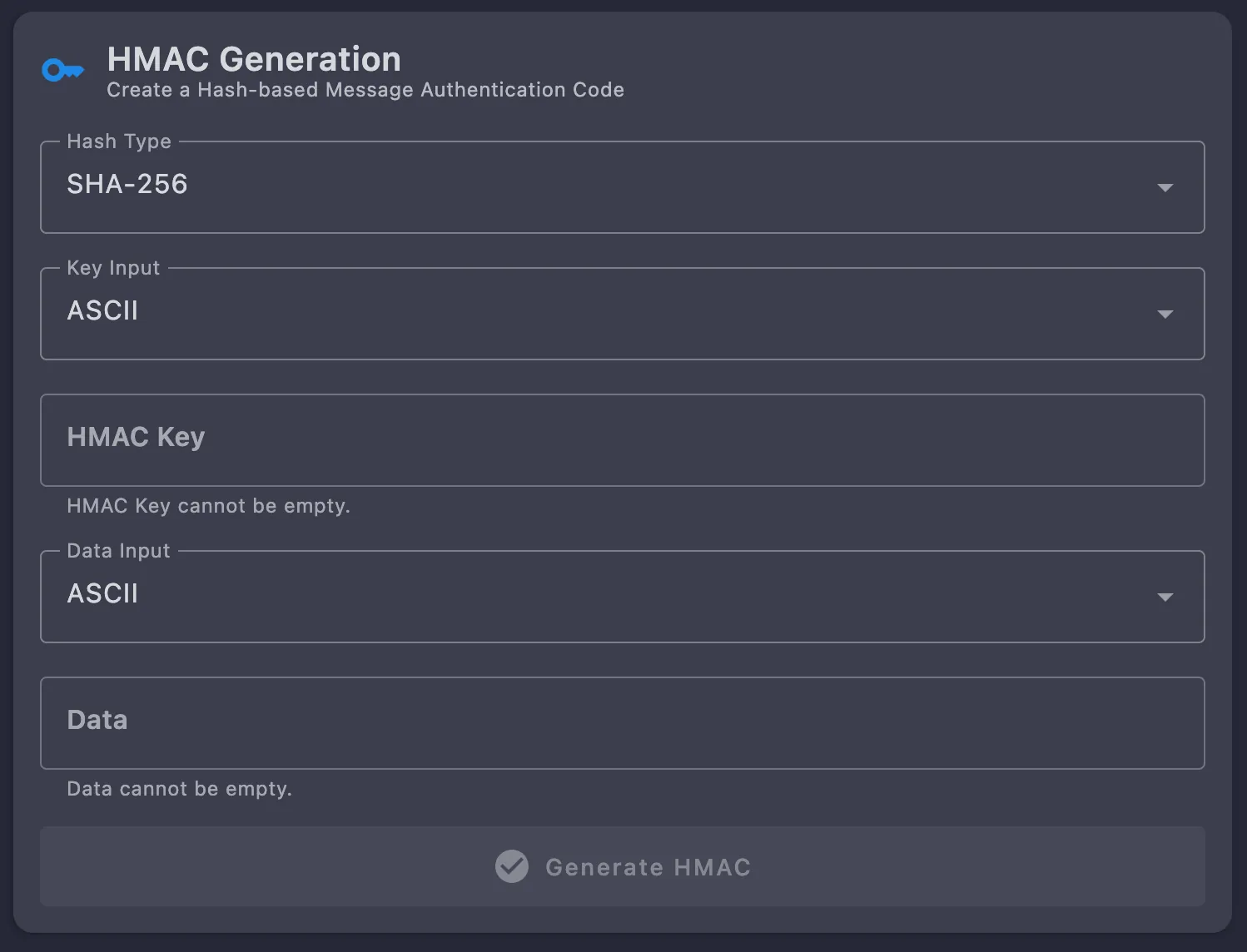 HMAC Generation form with SHA-256 as the hash type, ASCII key and data input types, and HMAC Key and Data fields above the Generate HMAC button