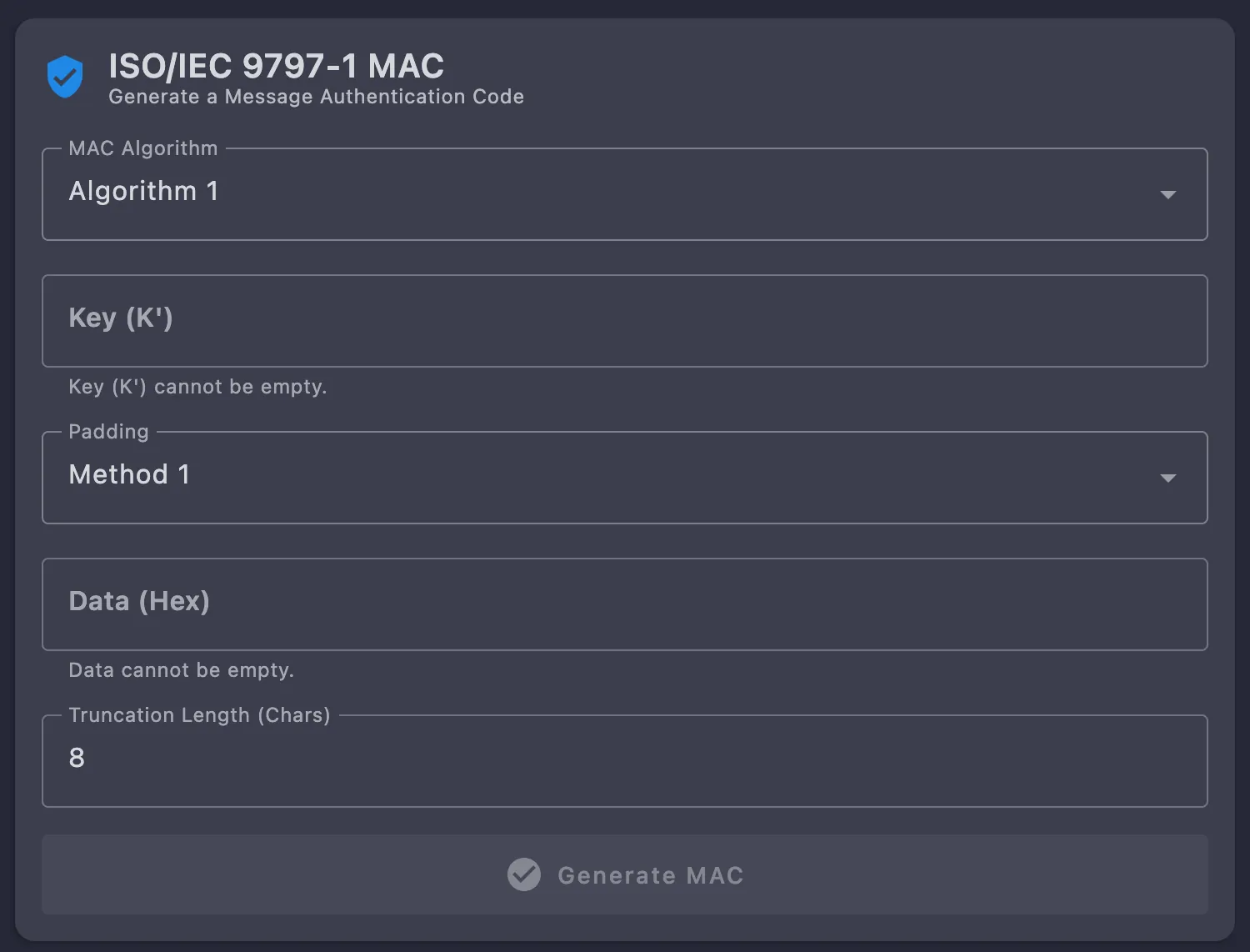 ISO/IEC 9797-1 MAC form with Algorithm 1 selected, a Key (K prime) field, Padding Method 1, a hex Data field and a truncation length of 8 above the Generate MAC button