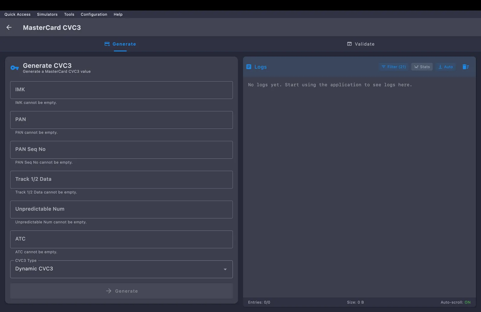 MasterCard CVC3 calculator on the Generate tab with IMK, PAN, PAN Seq No, Track 1/2 Data, Unpredictable Num and ATC fields and Dynamic CVC3 selected as the CVC3 type, beside the activity log