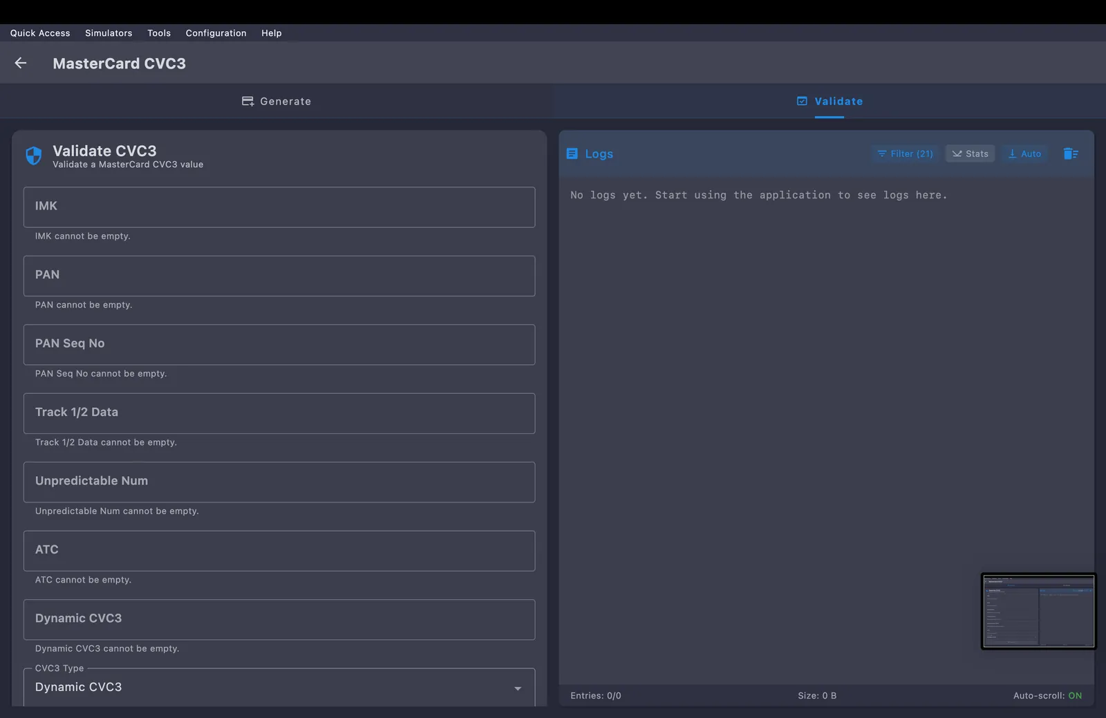 MasterCard CVC3 calculator on the Validate tab, with the same card and transaction fields plus a Dynamic CVC3 value field to check, beside the activity log